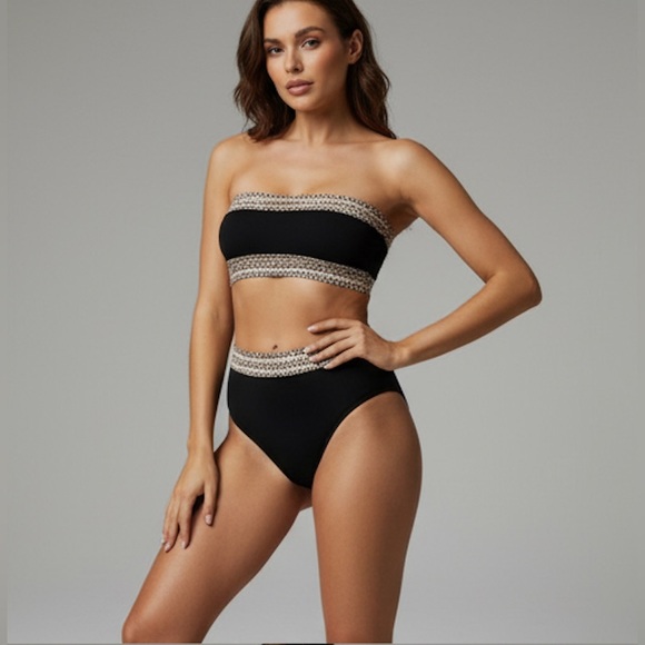 Ribbed Leopard Trim Bandeau High Waisted Bikini Swimsuit. - Picture 3 of 7